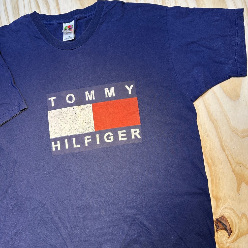 Tommy Hilfiger Mens XL Navy Blue Flag Logo Graphic T-Shirt Fruit of the Loom